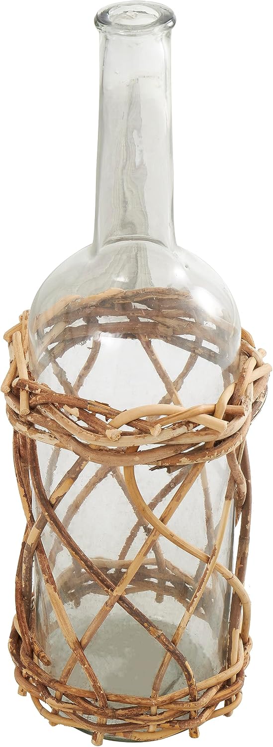 Deco 79 Glass Handmade Decorative Vase Tall Centerpiece Vase with Brown Rattan Woven Lower Body, Flower Vase for Home Decoration 8" x 8" x 23", Clear