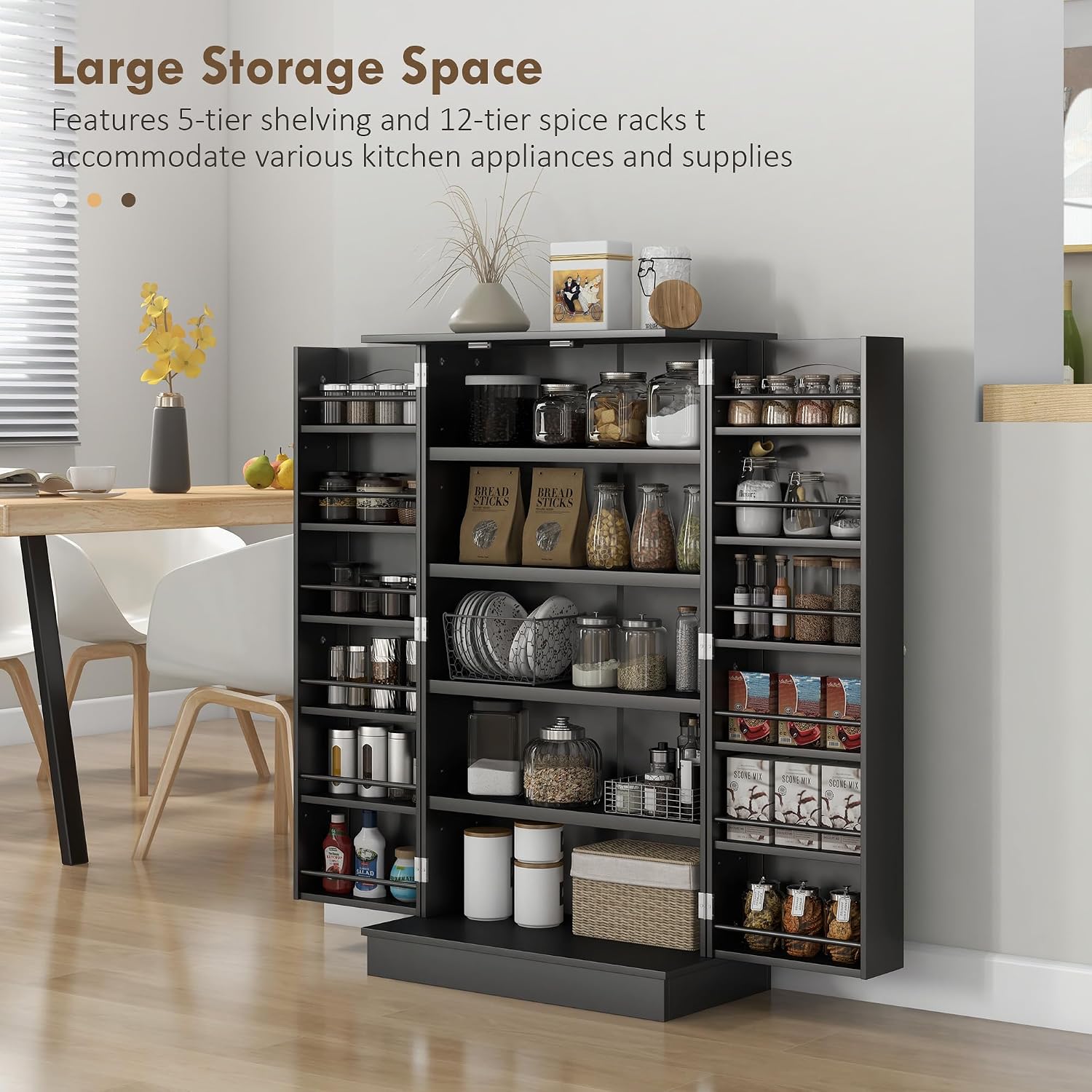 41" Kitchen Pantry Storage Cabinet,Freestanding Kitchen Cabinet with 12 Door Shelves,Double Doors,5-Tier Shelving and Adjustable Shelves,Black