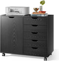DEVAISE Mobile File Cabinet, 5-Drawer Wood Storage Chest with Door, Printer Stand for Home Office, Black