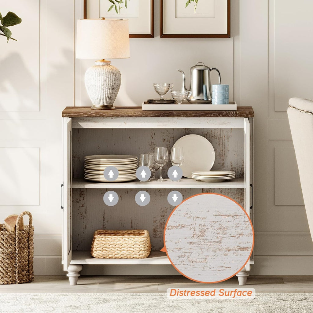 WAMAPT 101" Farmhouse Sideboard Credenza with 6 Glass Doors, Large Coffee Bar Table with Adjustable Shelf, Wood Kitchen Storage Cabinets, Modern Buffet Cabinet for Dining Room, Rustic White