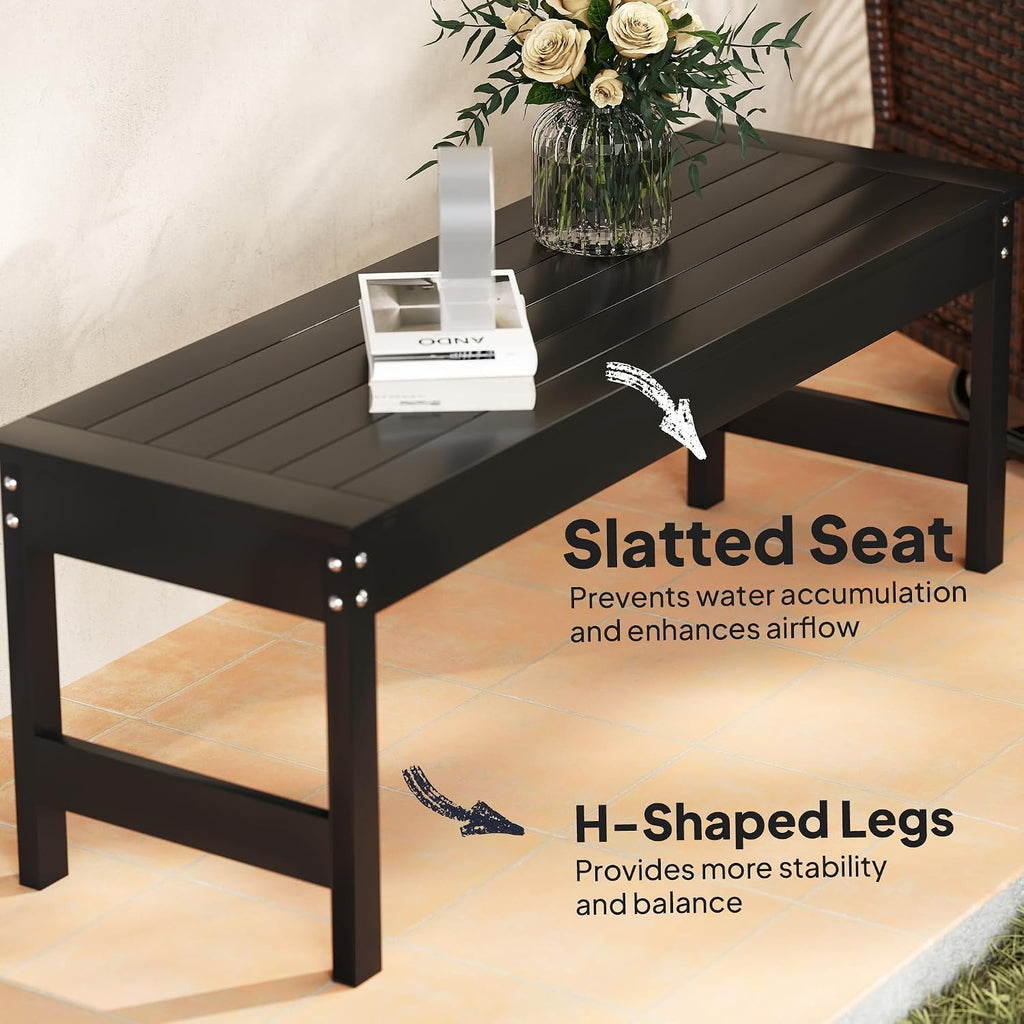 Outsunny 47" Outdoor Bench, 2-Person HDPE All-Weather Garden Bench Seat, Backless Patio Bench with Slatted Seat, Rot and Fade Resistant for Yard, Porch, Park, Black