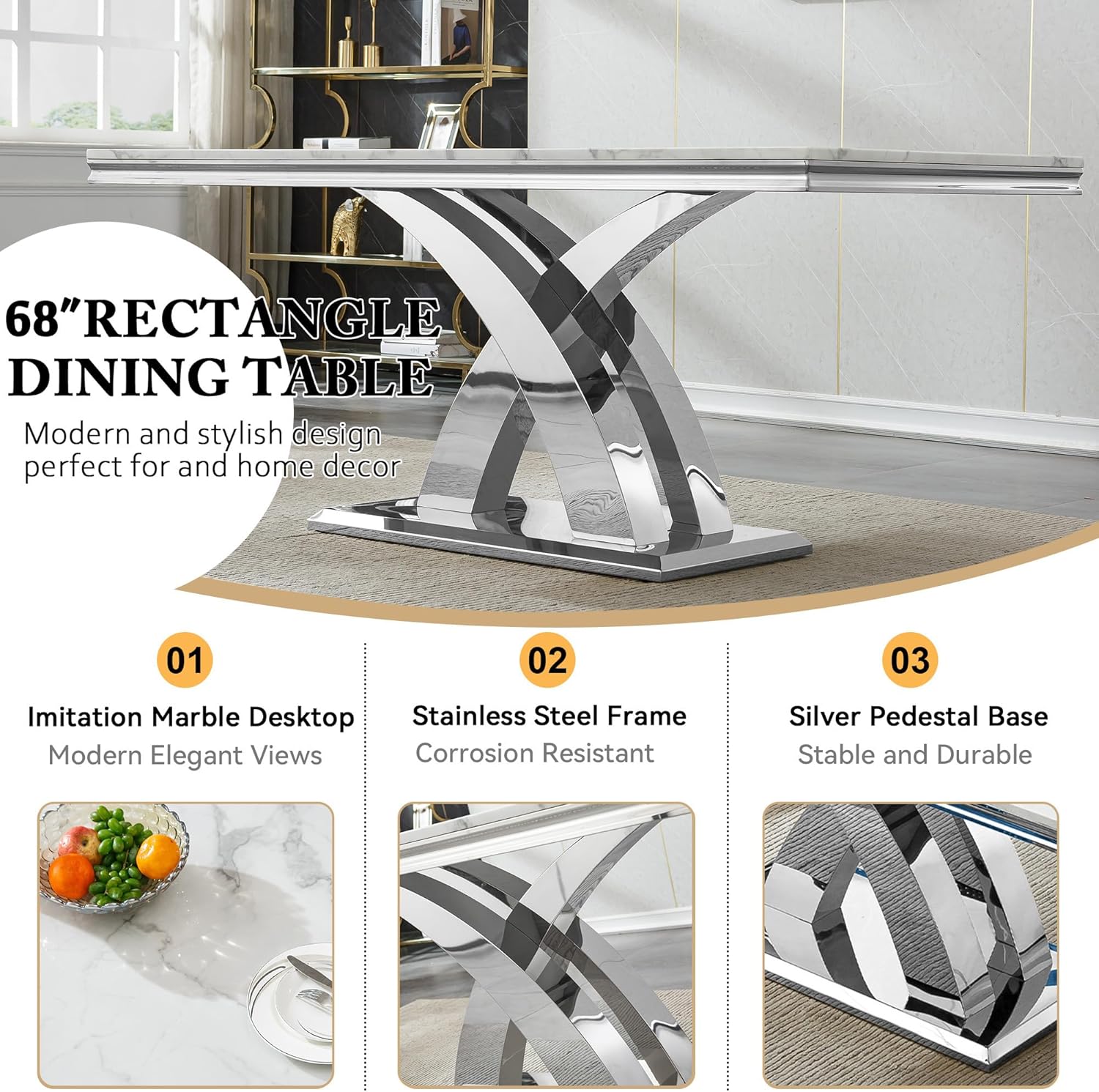 68" Marble Dining Table Set for 6, Modern Rectangle Dining Room Table Set for 6, Luxury White Silver Marble Kitchen Table and Chairs Set of 6 for Living Room,Kitchen