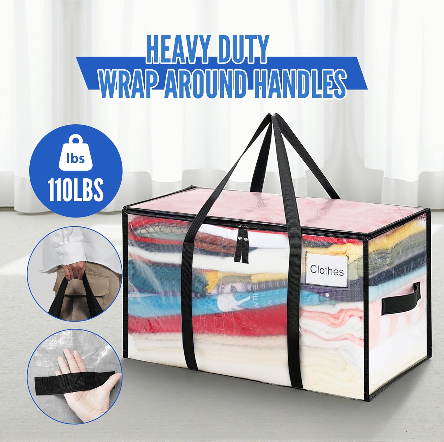 BAGAIL Heavy Duty Moving Bags with Strong Handle, Extra Large Moving Boxes, Storage Tote for Clothes, College Moving Supplies(Clear, 6 Pack)