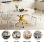 42''-59'' Extendable Dining Room Table for 4-6, White Marble Round Dining Table, Modern Kitchen Circle Oval Dinner Table with Carbon Steel Base Removable Leaves Space Saving, Mid-Century