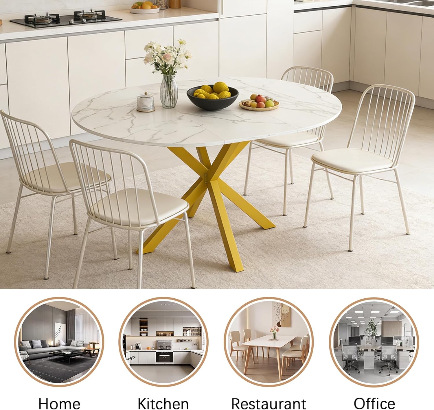 42''-59'' Extendable Dining Room Table for 4-6, White Marble Round Dining Table, Modern Kitchen Circle Oval Dinner Table with Carbon Steel Base Removable Leaves Space Saving, Mid-Century