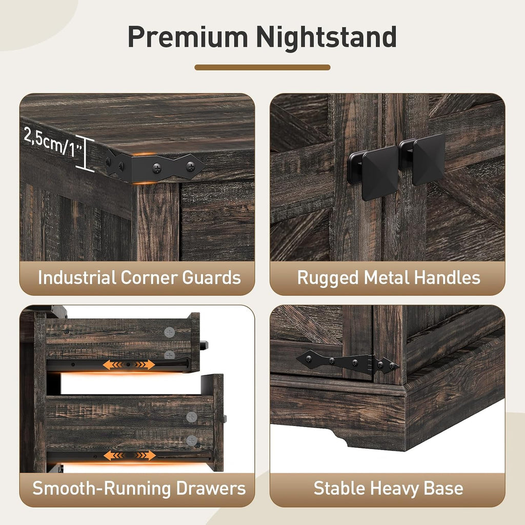 RALGEND Farmhouse End Table with Charging Station, 24'' Sofa Side Table with 2 Drawers and Barn Door, Large Rustic Wooden Square Nightstand for Bedroom, Living Room, Dark Rustic Oak