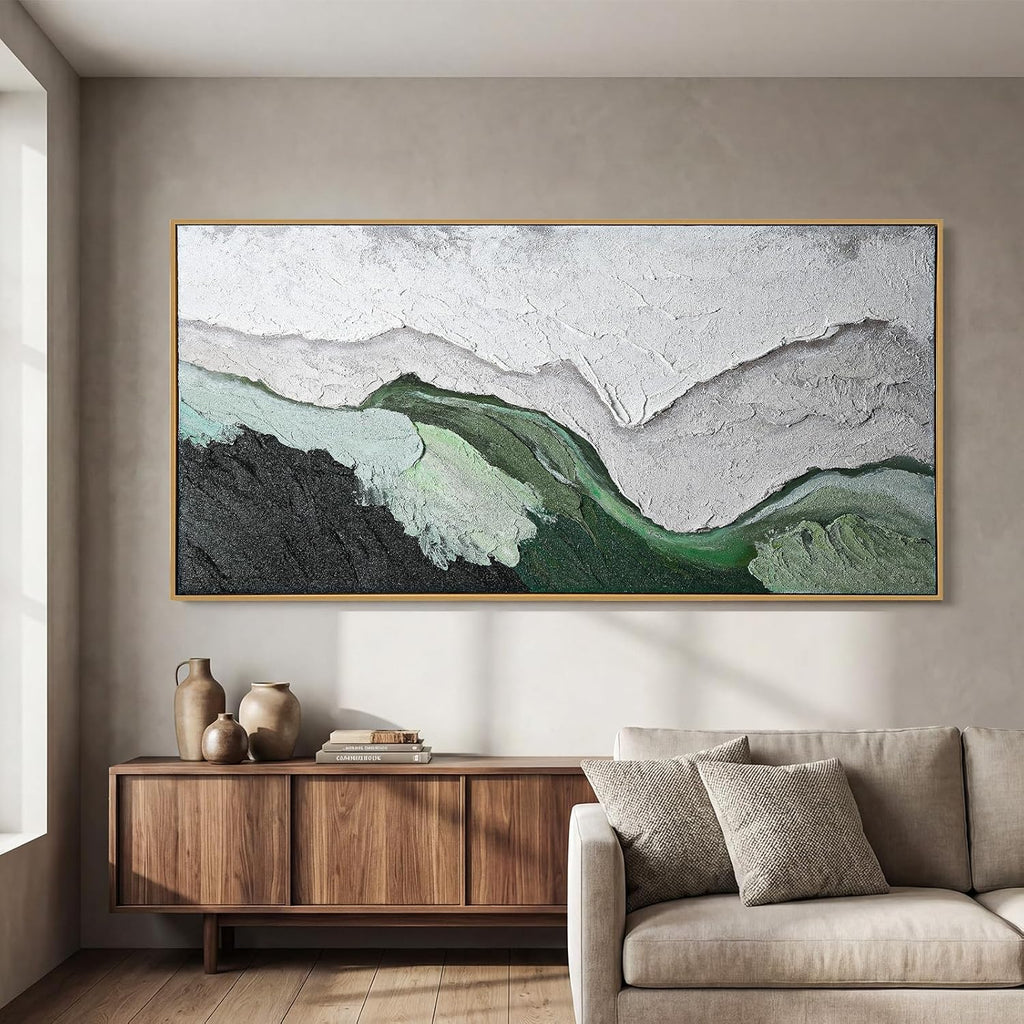 Sintuff 28 x 55 Inch 3D Textured Large Framed Art Prints, Abstract Hand-painted Sage Green Beige Beach Ocean Waves Oil Painting, Minimalist Artwork Wall Decor for Living Room Bedroom