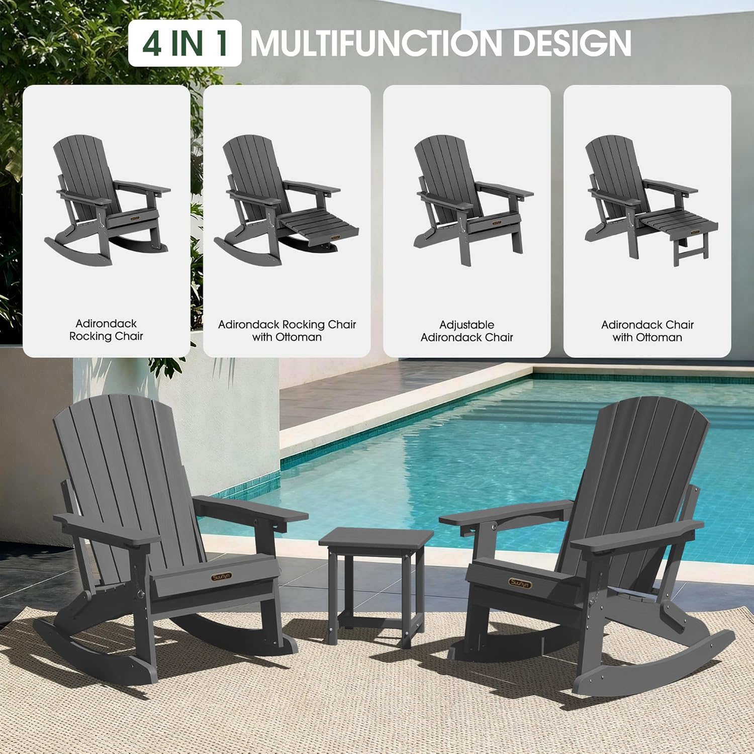 Adjustable Adirondack Rocking Chair Set of 2 with Retractable Ottoman Footrest, 4-in-1 Foldable HDPE Outdoor Rocker, Weather Resistant Adirondack Chair for Porch, Garden & Poolside, Grey