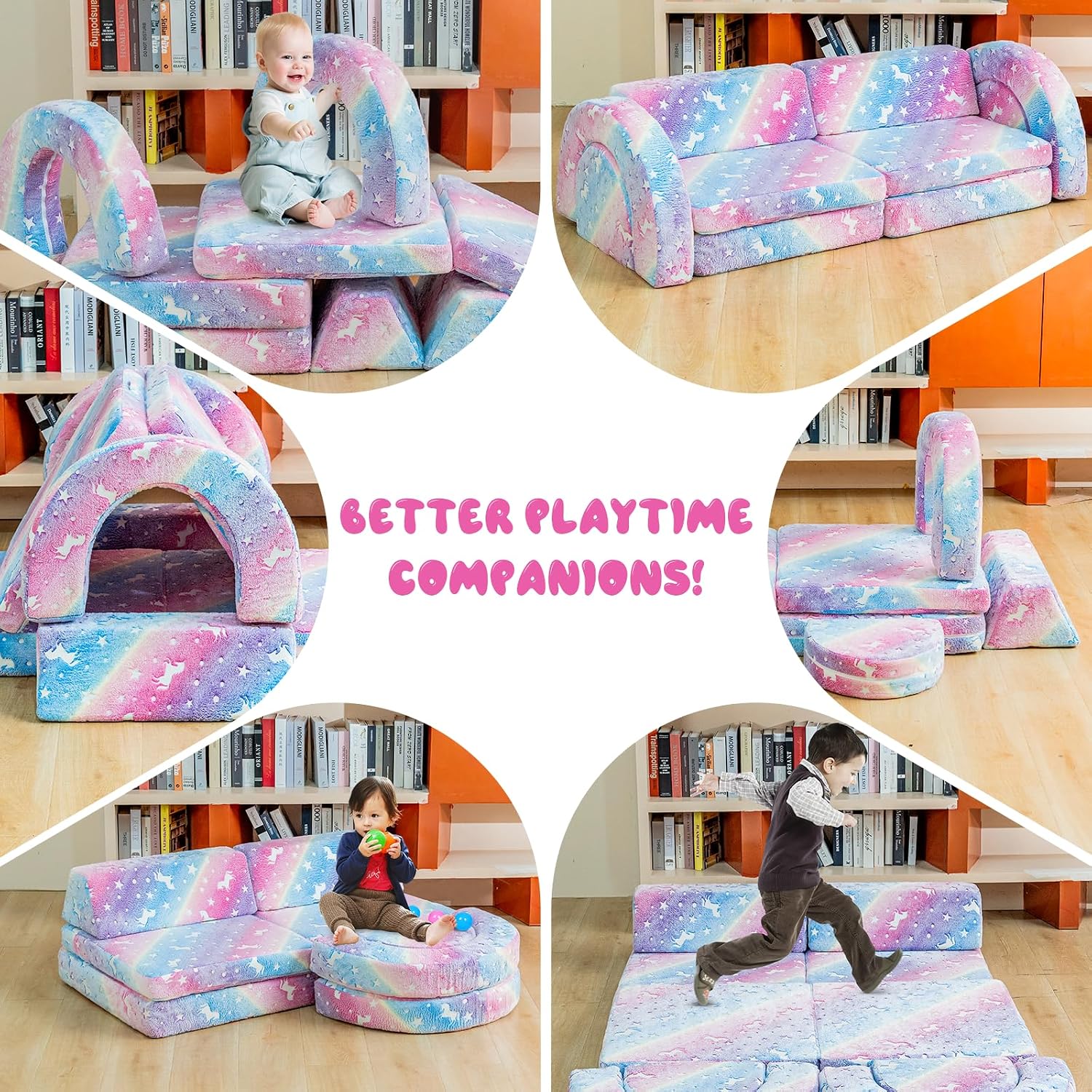 10Pcs Modular Kids Play Couch Glow, Convertible Play Fort Kids Couch, Instant Rebound 28D Foam Toddler Couchs, Kid Sofa for Playroom, Bedroom Furniture, Colorful and Unicorn