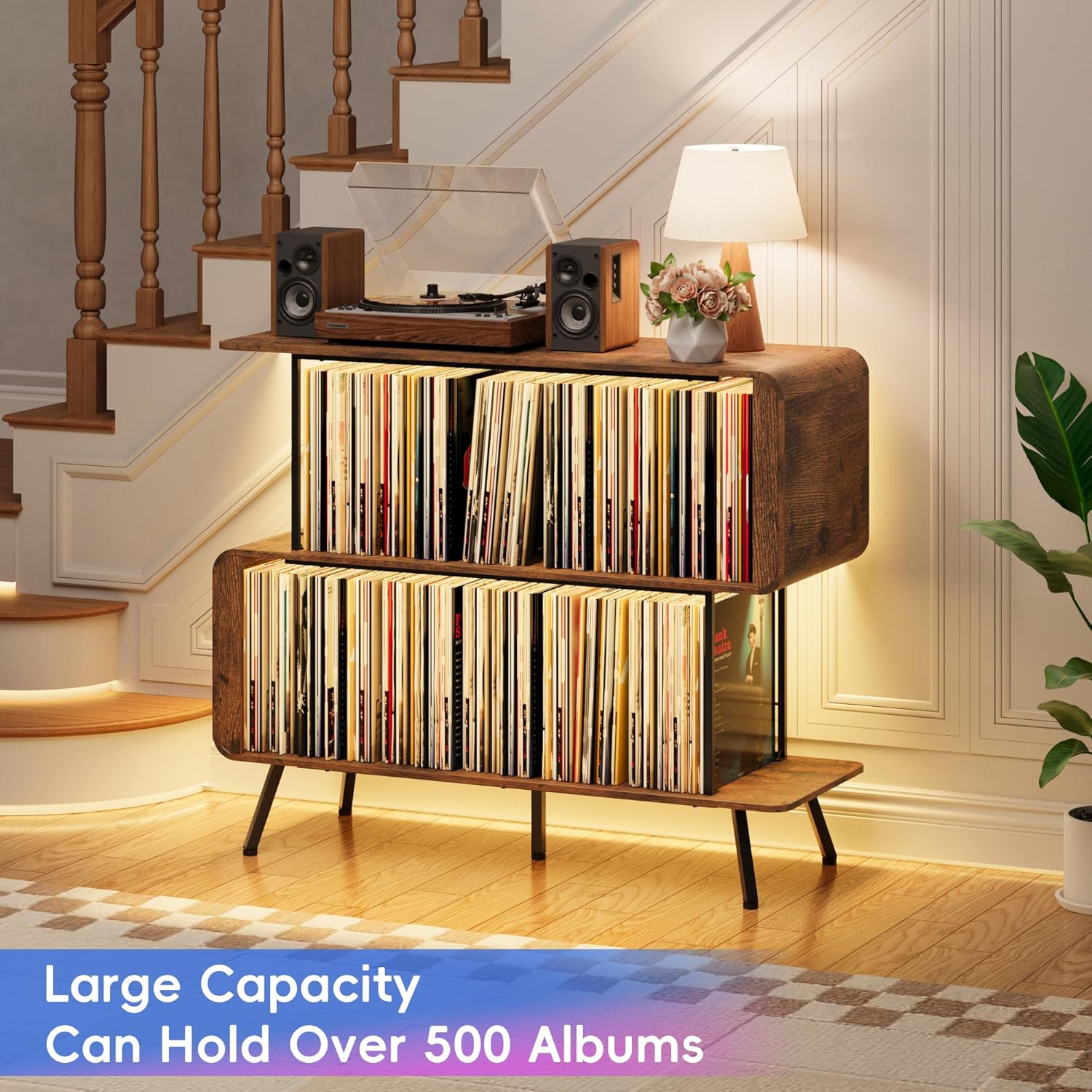 Record Player Stand with Vinyl Record Storage - 3-Tier Record Player Table with Power Outlets & LED Light, Mid-Century Modern Turntable Stand Vinyl Shelf Display Cabinet, Holds 500+ Albums, Brown