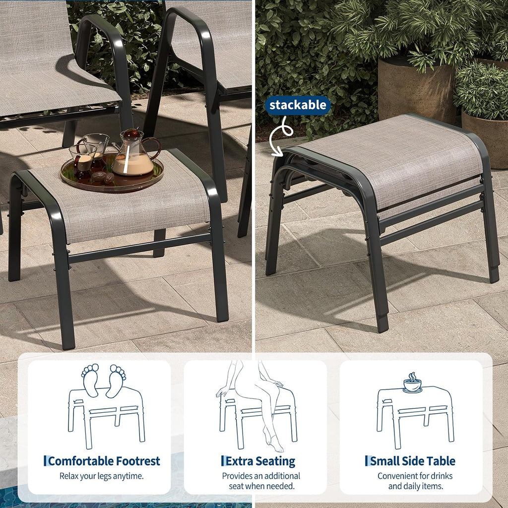 Outdoor Ottoman Set of 2, Comfort Outdoor Footstool with Supportive Textliene and Metal Frame, Stackable Oversized Outdoor Foot Rest for Patio, Garden, Pool, Balcony -Brown
