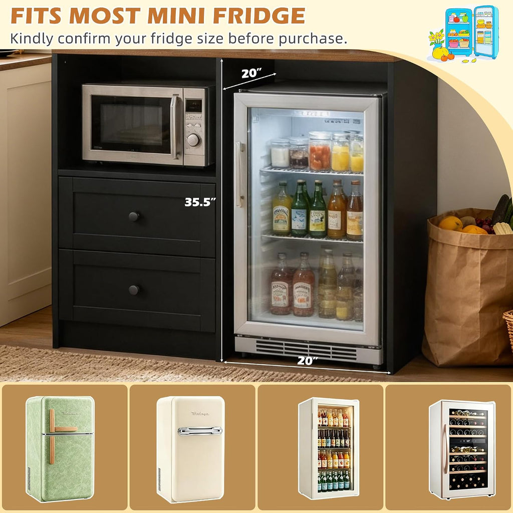 72" Kitchen Pantry Storage Cabinet with Fridge Space, Mini Fridge Cabinet with Charging Station, Large Pantry Cabinet with Drawers, Doors & Shelves, Kitchen Hutch with Microwave Stand, Black