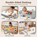 Kinder King Kids Table & 2 Chairs Set, Height Adjustable Children Activity Table w/Storage, Graffiti & Building Blocks Tabletop, Toddler Furniture Set for Classroom, Daycare, Home, Age 3+, Grey