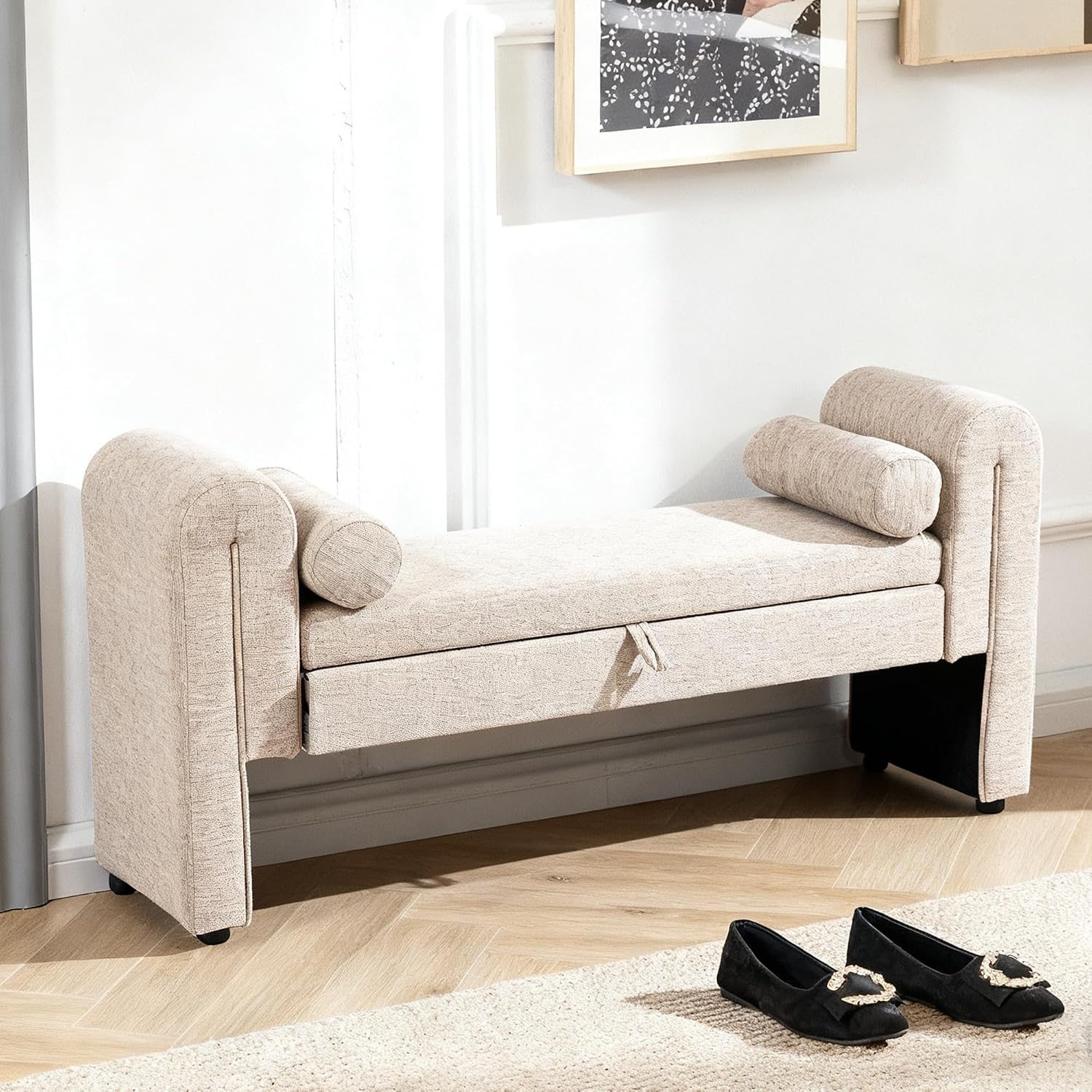 60.5" End of Bed Bench, Velvet Bedroom Bench,King Bed Bench,with 2 Pillows,Upholstered Bench,Suitable for End of Bed, Entryway Living Room,Bedroom. (Linen Apricot)