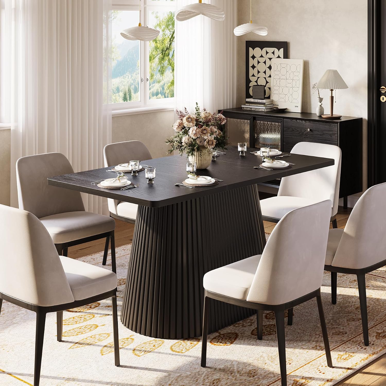 LITTLE TREE 59" Farmhouse Dining Table for 4-6 People, Modern Rectangular Kitchen Table with Metal Pedestal Base, Perfect for Dining Room, Kitchen, Living Room (Black)