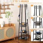 VECELO Coat Rack Freestanding,Hall Tree with Metal Basket and Storage Shelves,Industrial Coat Rack Stand with 8 Hooks for Hanging Coats/Hats/Bags/Umbrellas,18 x 18 x 72 In,Matte Black
