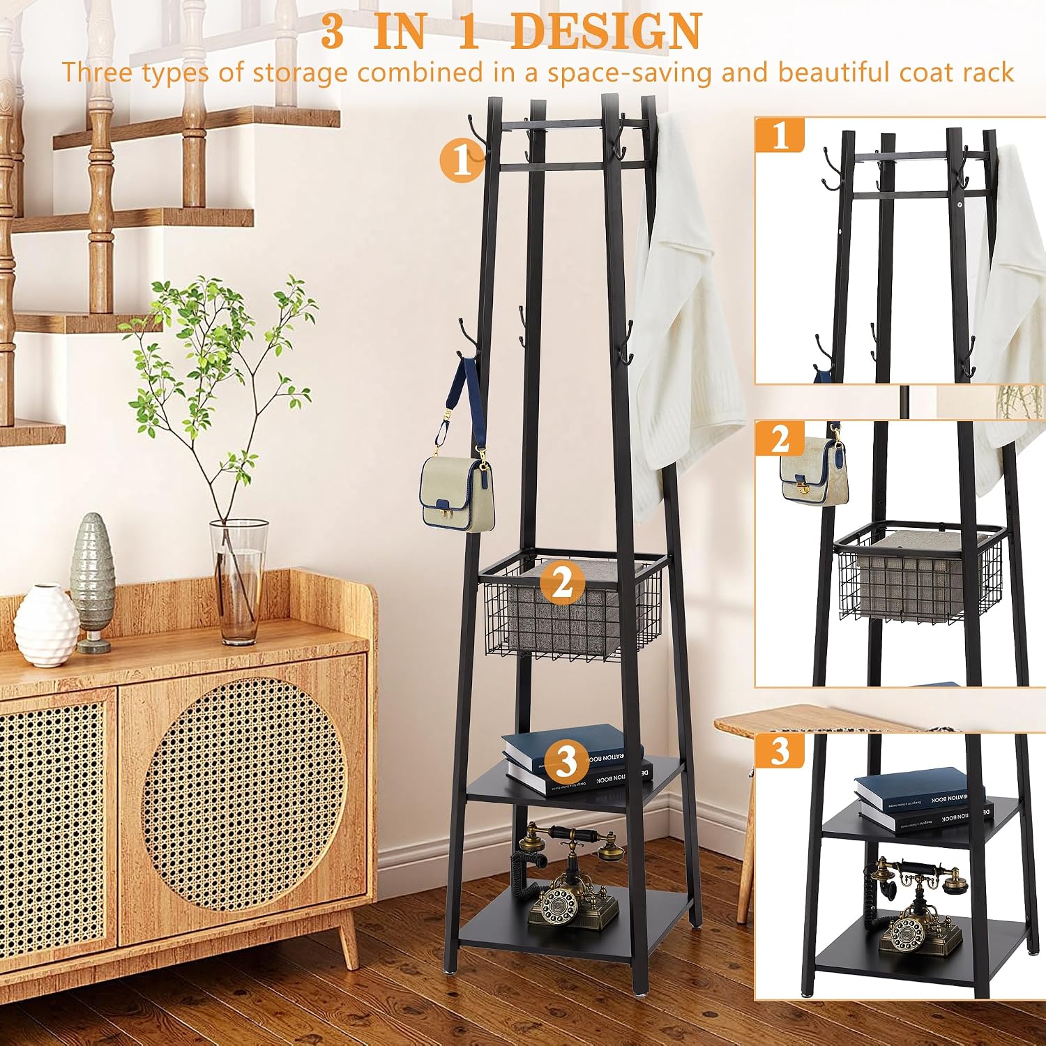 VECELO Coat Rack Freestanding,Hall Tree with Metal Basket and Storage Shelves,Industrial Coat Rack Stand with 8 Hooks for Hanging Coats/Hats/Bags/Umbrellas,18 x 18 x 72 In,Matte Black