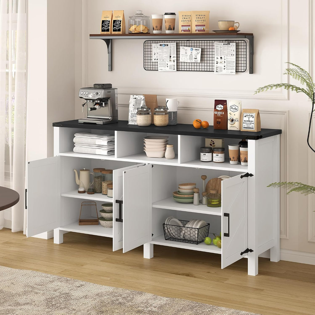 59'' Modern 4-Door Sideboard Buffet with Power Outlets & USB Ports,Adjustable Shelves and Half-Open Storage Cabinet,Metal Accents & Aluminum Handles for Living Room,Dining Room,Entryway (White+Black)