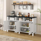 59'' Modern 4-Door Sideboard Buffet with Power Outlets & USB Ports,Adjustable Shelves and Half-Open Storage Cabinet,Metal Accents & Aluminum Handles for Living Room,Dining Room,Entryway (White+Black)