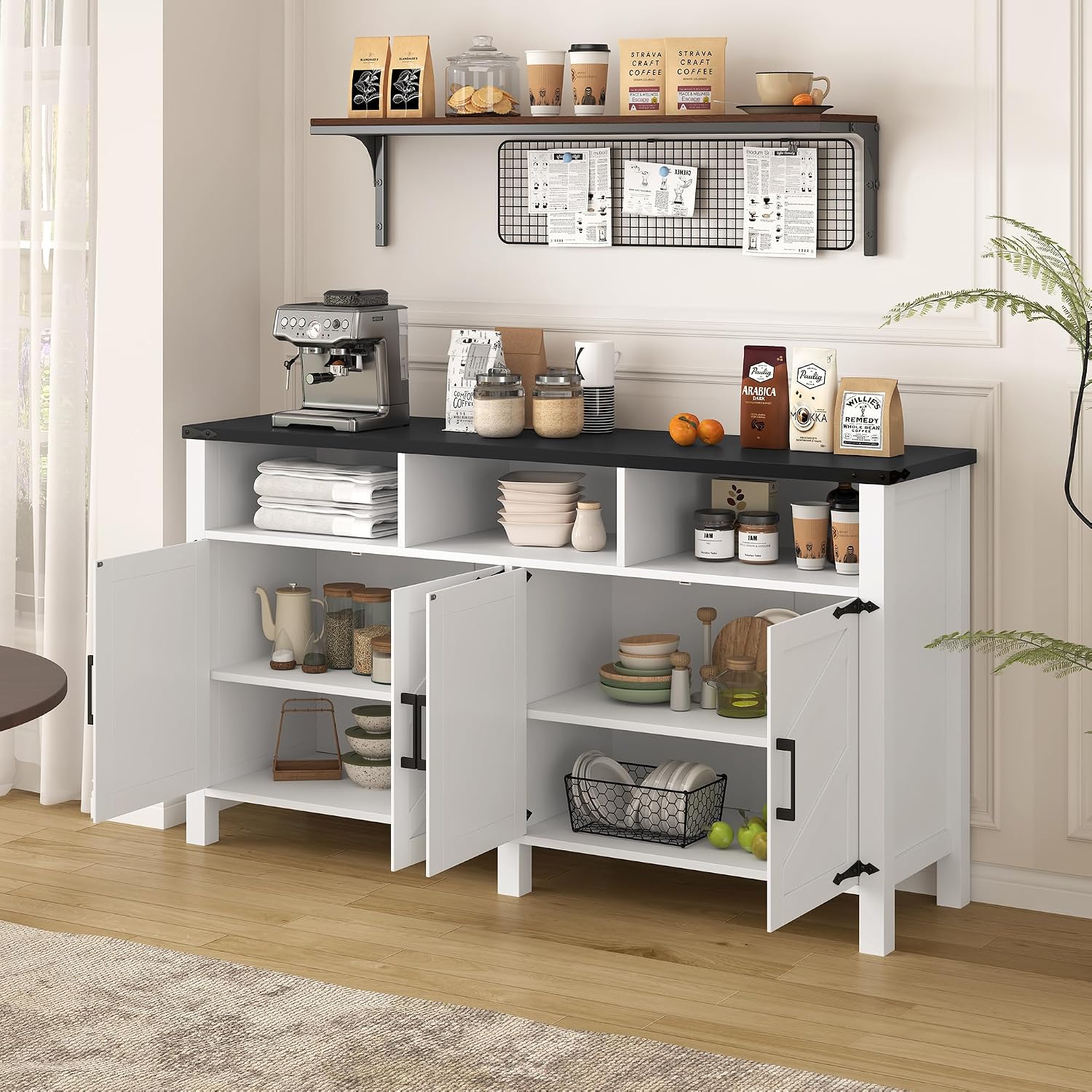59'' Modern 4-Door Sideboard Buffet with Power Outlets & USB Ports,Adjustable Shelves and Half-Open Storage Cabinet,Metal Accents & Aluminum Handles for Living Room,Dining Room,Entryway (White+Black)