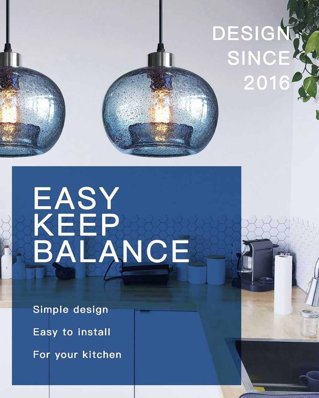 CASAMOTION Hand Blown Glass Pendant Lights Kitchen Island Marble Blue Color Modern Rustic Style Ceiling Hanging Light Fixtures Dining Room Brushed Nickel 8.7 Inch Diameter 2 Pack