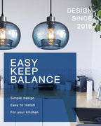 CASAMOTION Hand Blown Glass Pendant Lights Kitchen Island Marble Blue Color Modern Rustic Style Ceiling Hanging Light Fixtures Dining Room Brushed Nickel 8.7 Inch Diameter 2 Pack