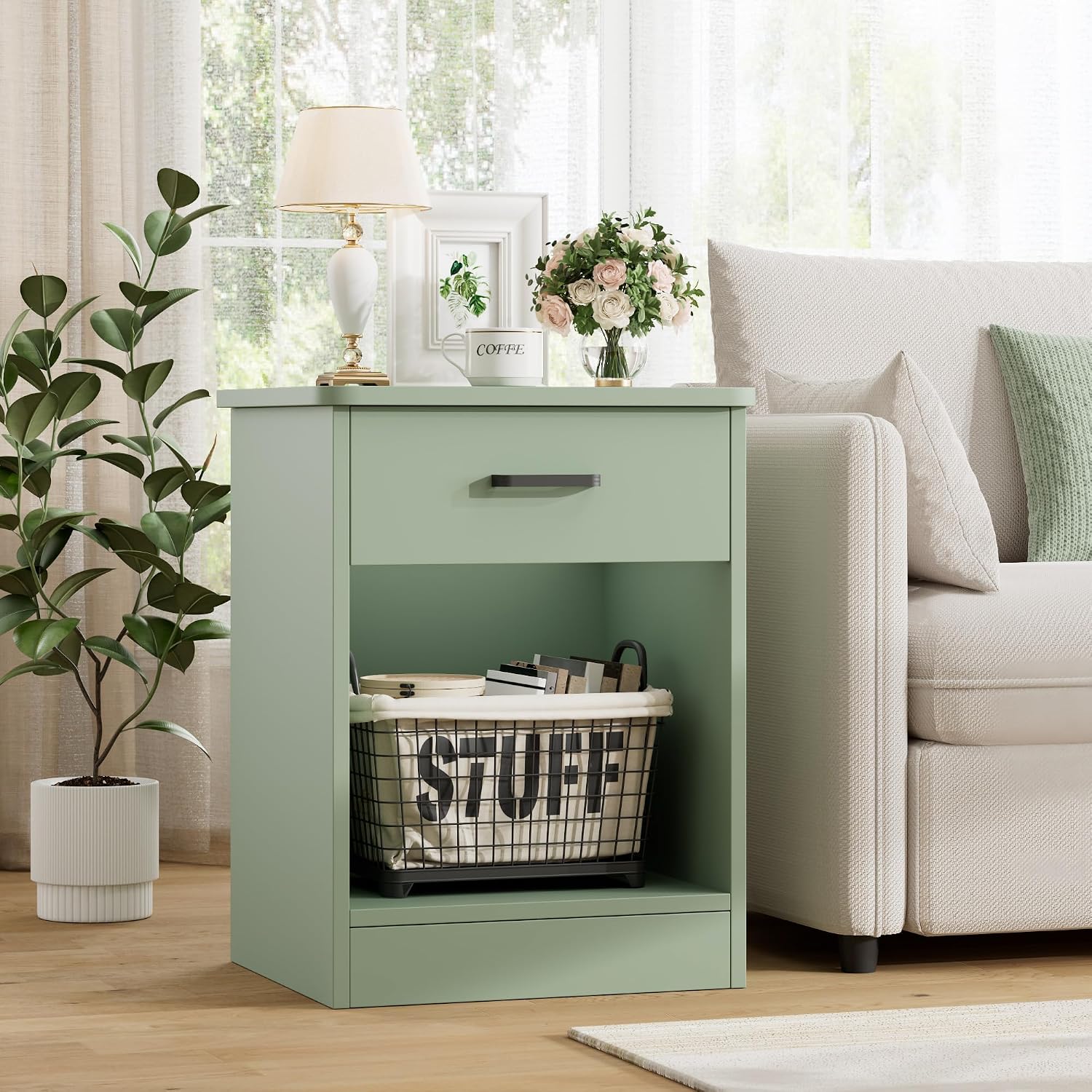 FOTOSOK Nightstand Set of 2 with Drawer and Storage Shelf | Night Stand Bedside Table End Table, Night Stand for Bedroom, Home Office, 15.7"D x 17.7"W x 23.6"H, Green