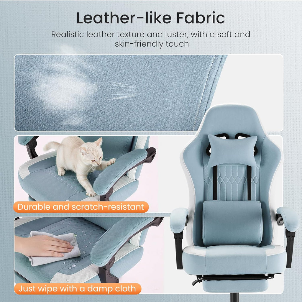 Sweetcrispy Video Game Chair: High Back Ergonomic Computer Desk Chair with Footrest & Lumbar Support, Height Adjustable with Linkage Armrests and Headrest, 360° Swivel Wheels, Blue