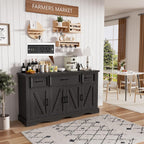 56" Buffet Cabinet Sideboard with Storage: Built-in Charging Station, Farmhouse Wood Coffee Wine Bar, Furniture with Drawers and Doors for Kitchen, Dining Room, Living Room, Black