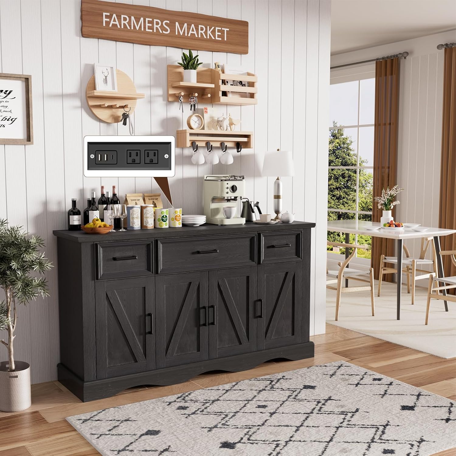 56" Buffet Cabinet Sideboard with Storage: Built-in Charging Station, Farmhouse Wood Coffee Wine Bar, Furniture with Drawers and Doors for Kitchen, Dining Room, Living Room, Black