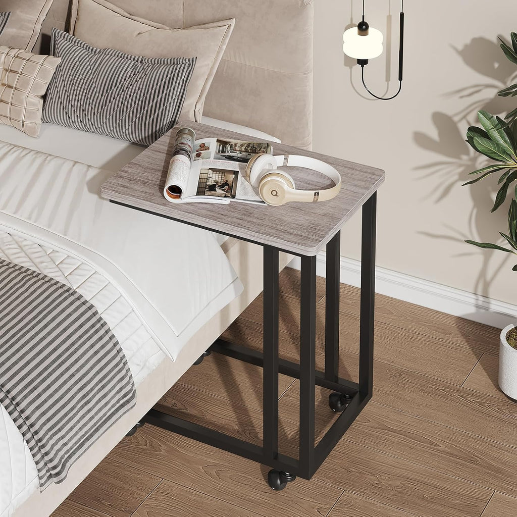 Sweetcrispy C Tables Counch that Slide Under, Bed Side Table Tray Sofa Portable Rolling with Wheels Metal Frame Adjustable Feet, Wood Stand for Living Room Entryway Small Space Bedroom, Grey