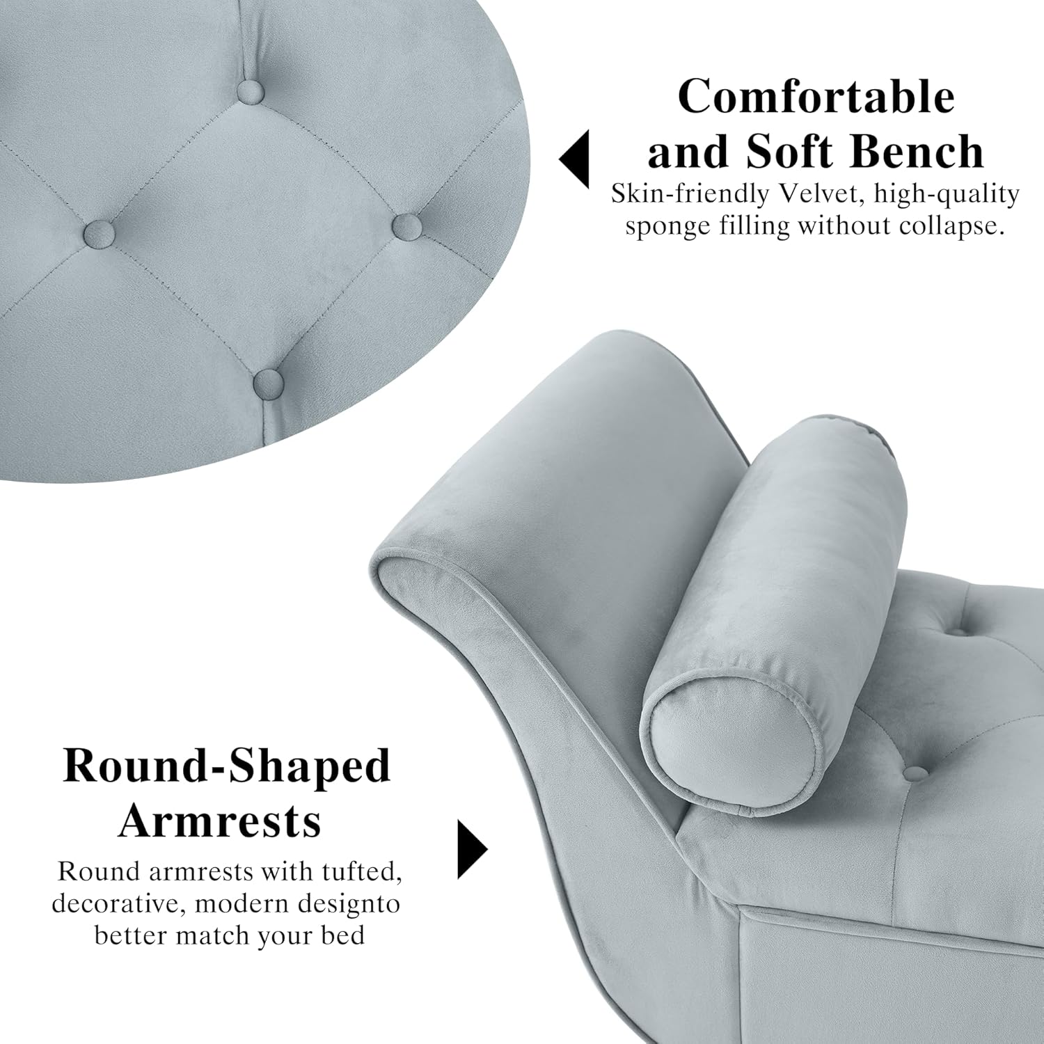 65" Velvet Storage Bench, 65" Vintage Upholstered Rolled Armed Button Tufted Stool Bench for Bedroom, Living Room, Entryway, Hallway, Dressing Room (Light Grey)
