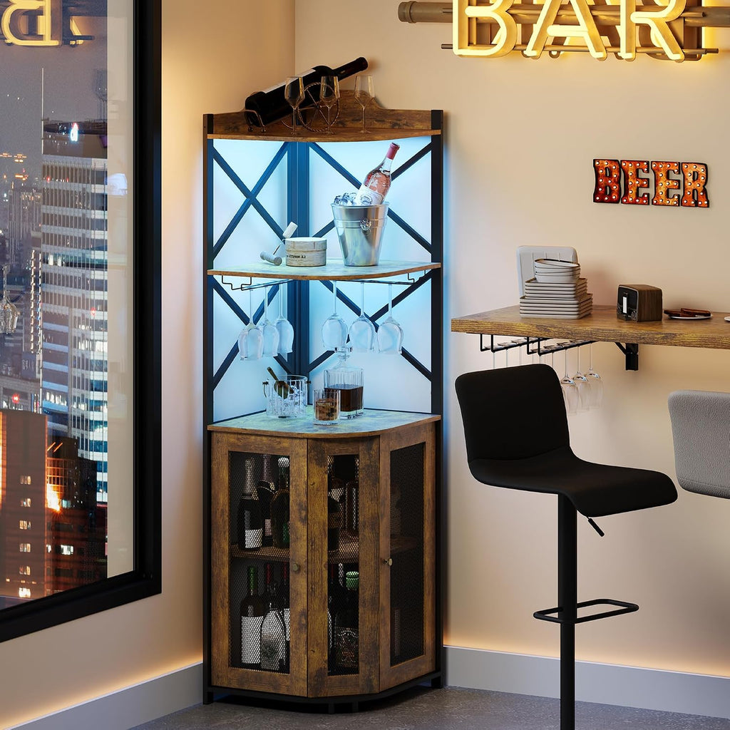 JKsmart Corner Bar Cabinet with LED Lights, 5-Tier Industrial Wine Bar Cabinet with Glass Holder, Farmhouse Liquor Cabinets with Shelf and Door, Home Bar for Coffee Bars, Rustic Brown