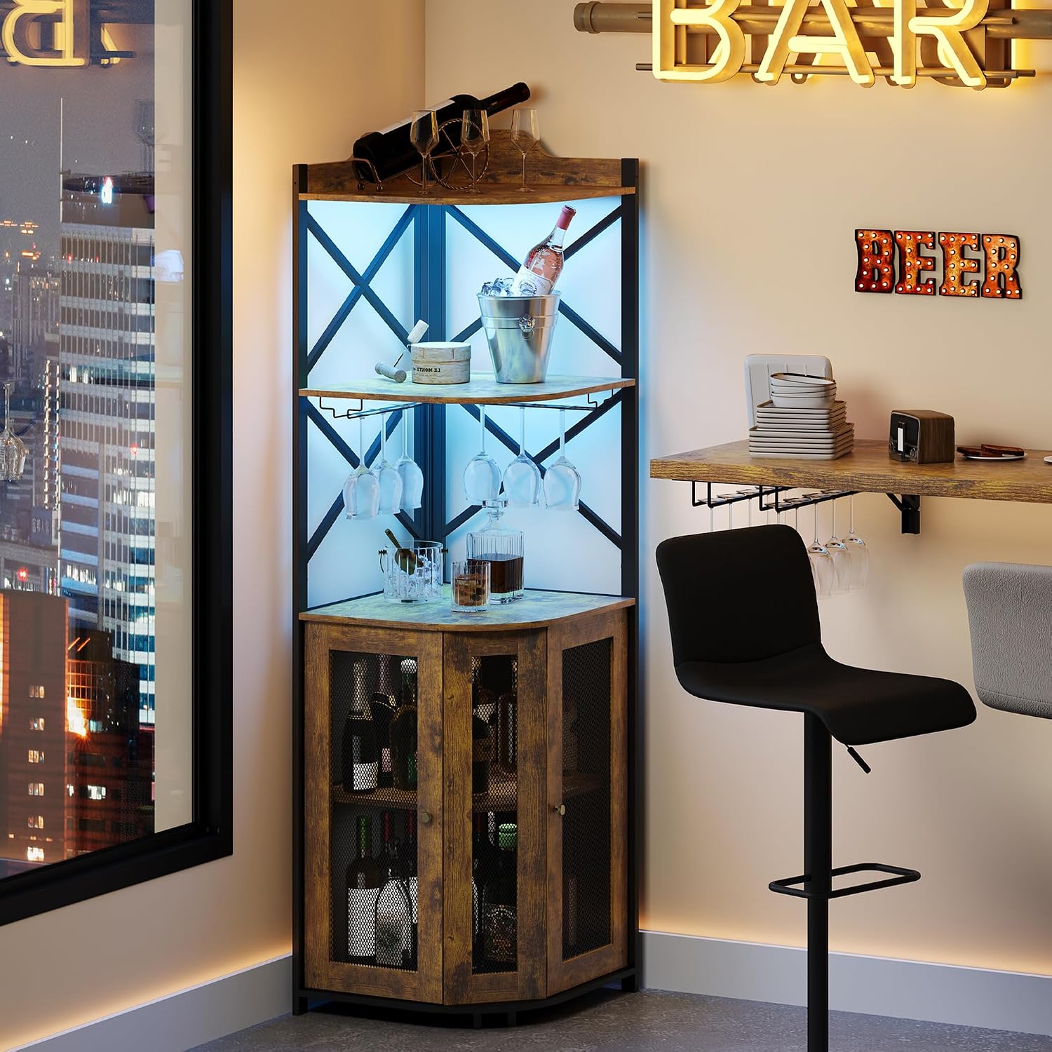 JKsmart Corner Bar Cabinet with LED Lights, 5-Tier Industrial Wine Bar Cabinet with Glass Holder, Farmhouse Liquor Cabinets with Shelf and Door, Home Bar for Coffee Bars, Rustic Brown