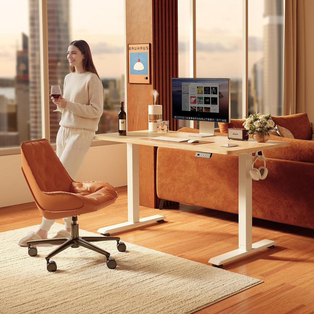 Electric Height Adjustable Standing Desk 48 x 24 Inch, Sit Stand Up Computer Office Desk with Splice Board, White Frame and Maple Top