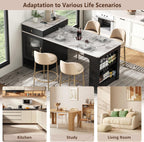 Merax 59.5" Kitchen Island with Extendable Table, Black | Table with Double-Sized Storage, Modern Island with 2 Drawers, Power Outlet, Side Open Shelves for Dining Room