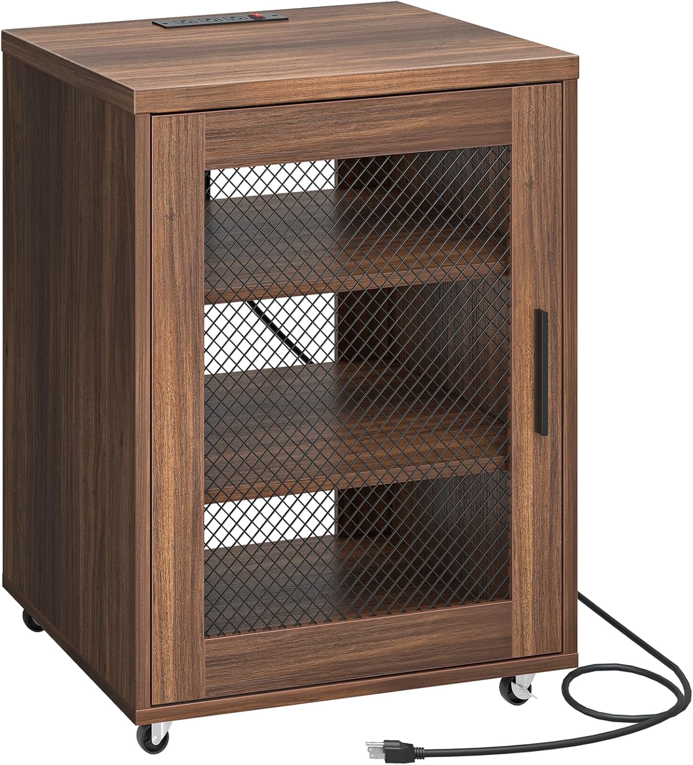 CHOEZON Media Cabinet with Charging Station, Stereo Cabinet with Wheels, Audio-Video Media Stand with Adjustable Shelves and Mesh Door, AV Rack for Living Room, Home Theater, Walnut MBZ23UHT