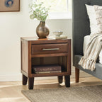 roomfitters Industrial Brown Acacia Wood End Table, Luxury 1-Drawer Storage Nightstand with Metal Frame, Contemporary Bedroom Bedside Unit