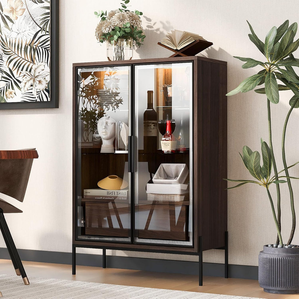 roomfitters 51.2'' Display Cabinet with Glass Doors, Pantry Storage Cabinet with Shelves for Living Room and Kitchen, Walnut