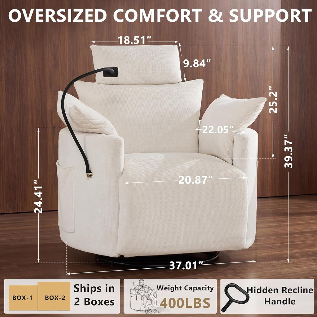 Chenille Nursery Rocking Chairs Recliner, Manual, White | 4" Height and 55° Angle Adjustable Headrest, 360° Silent Swivel, Glider, Phone Holder, 2 Side Pockets, 2 Pillows, 400LBS