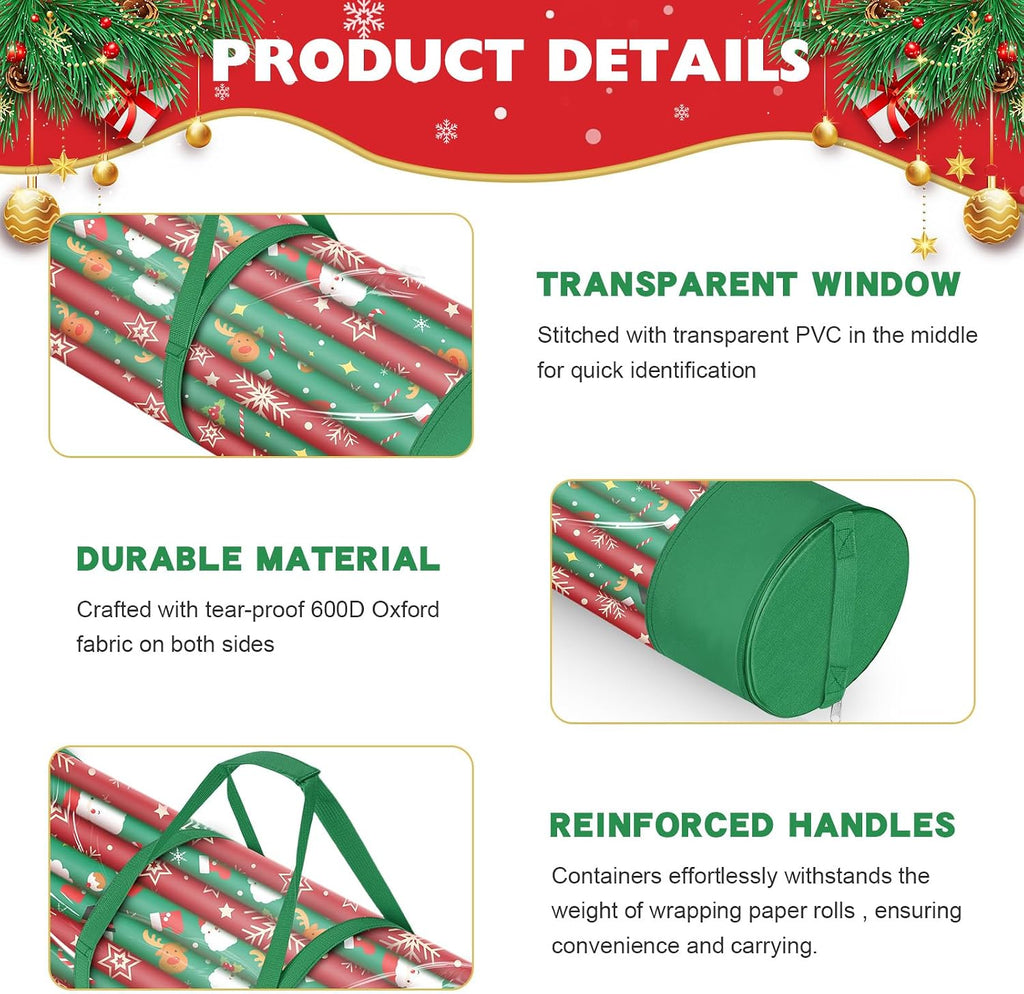 2Pack Christmas Gift Wrapping Paper Organizer Storage 40 Inch Wrapping Paper Storage Holder Gift Wrap Storage Containers Durable 600D Oxford Fabric for Holiday, Christmas, Fits 18-25 Rolls, Green