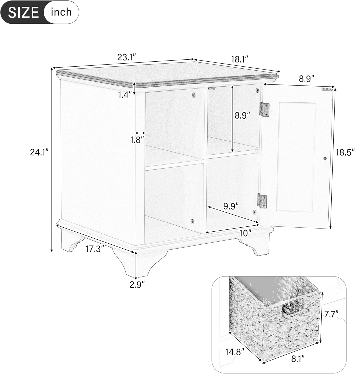 Virubi Farmhouse End Table with Two Handwoven Grass Baskets, American Style Side Table with Shutter Style Storage Cabinet for Living Room (White)