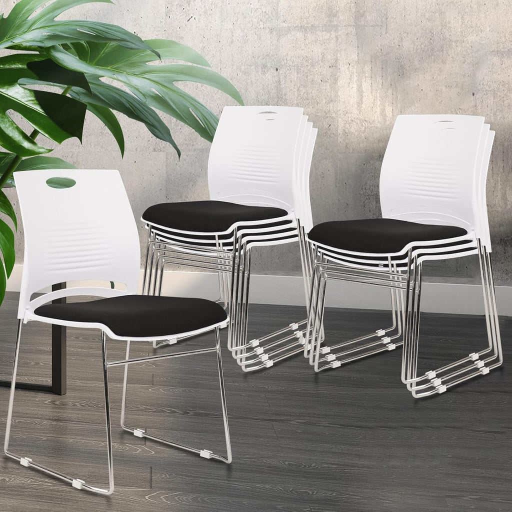 CLATINA Stacking Home Office Guest Chair, Reception Stackable Chairs with Metal Sled Base, Conference Lobby Waiting Training School Kitchen Banquet Chair, Plastic Desk Chairs No Wheels, White, 8 Pack