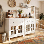 36” Buffet Cabinet Sideboard, Coffee Bar Storage Cabinet with Drawers and Display Glass Doors, Farmhouse Kitchen Credenza with Adjustable Shelves for Kitchen, Living Room, Vintage White