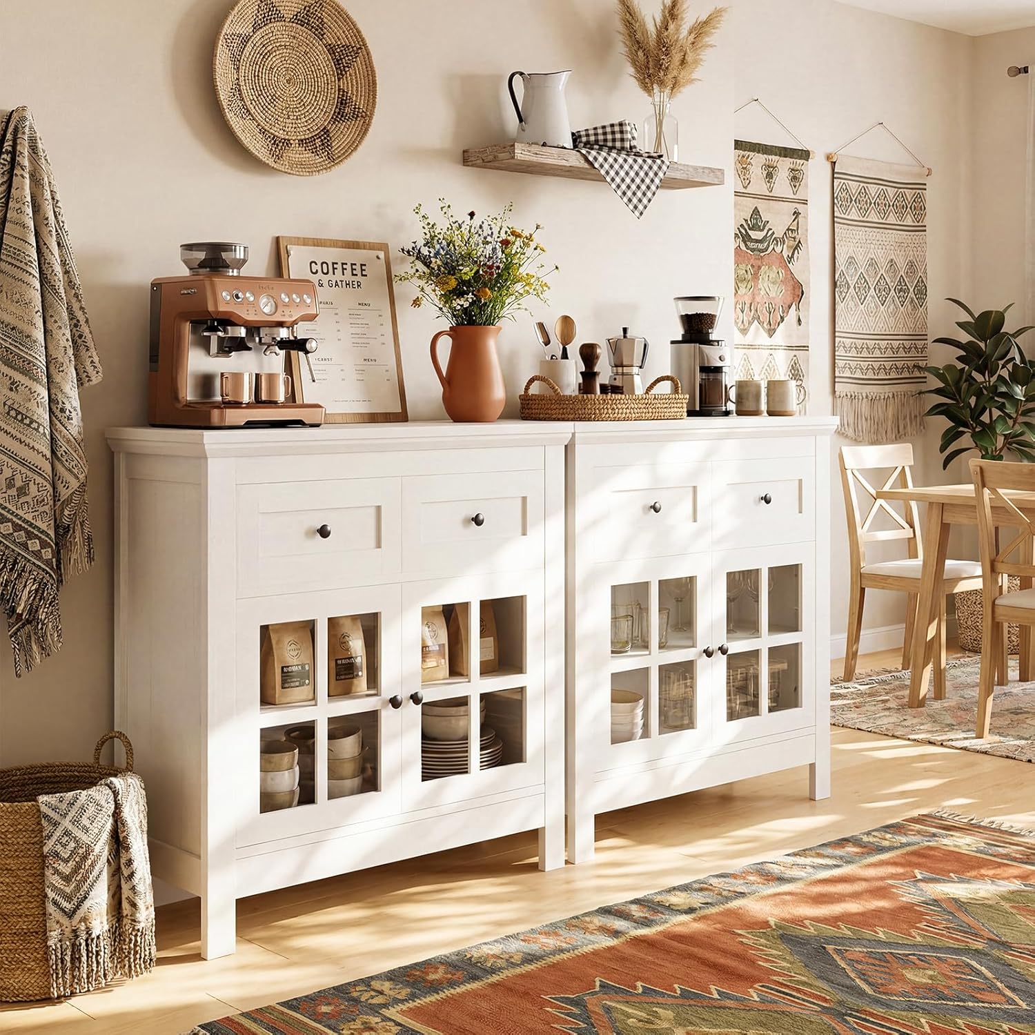 36” Buffet Cabinet Sideboard, Coffee Bar Storage Cabinet with Drawers and Display Glass Doors, Farmhouse Kitchen Credenza with Adjustable Shelves for Kitchen, Living Room, Vintage White
