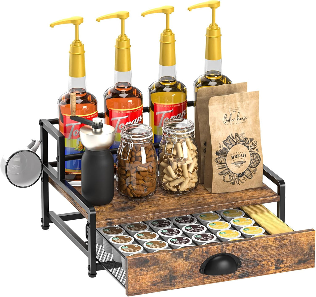 Coffee Syrup Rack Organizer, 2 Tier Countertop Storage Shelves with 35 K Cup Drawer, 8 Syrup Bottle Stand Holder for Wine, Kitchen Coffee Station Organizer Rack, Rustic Brown