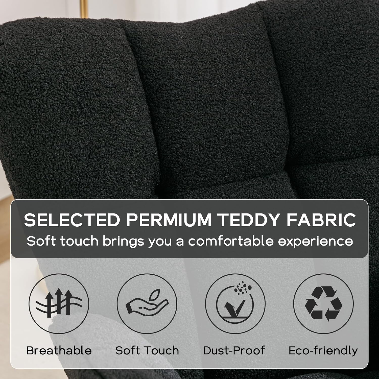 Modern Nursery Rocking Chair, Upholstered Glider Chair with High Backrest, Rocker Accent Armchair with Solid Wood Legs for Nursery Bedroom Living Room (Black Teddy)