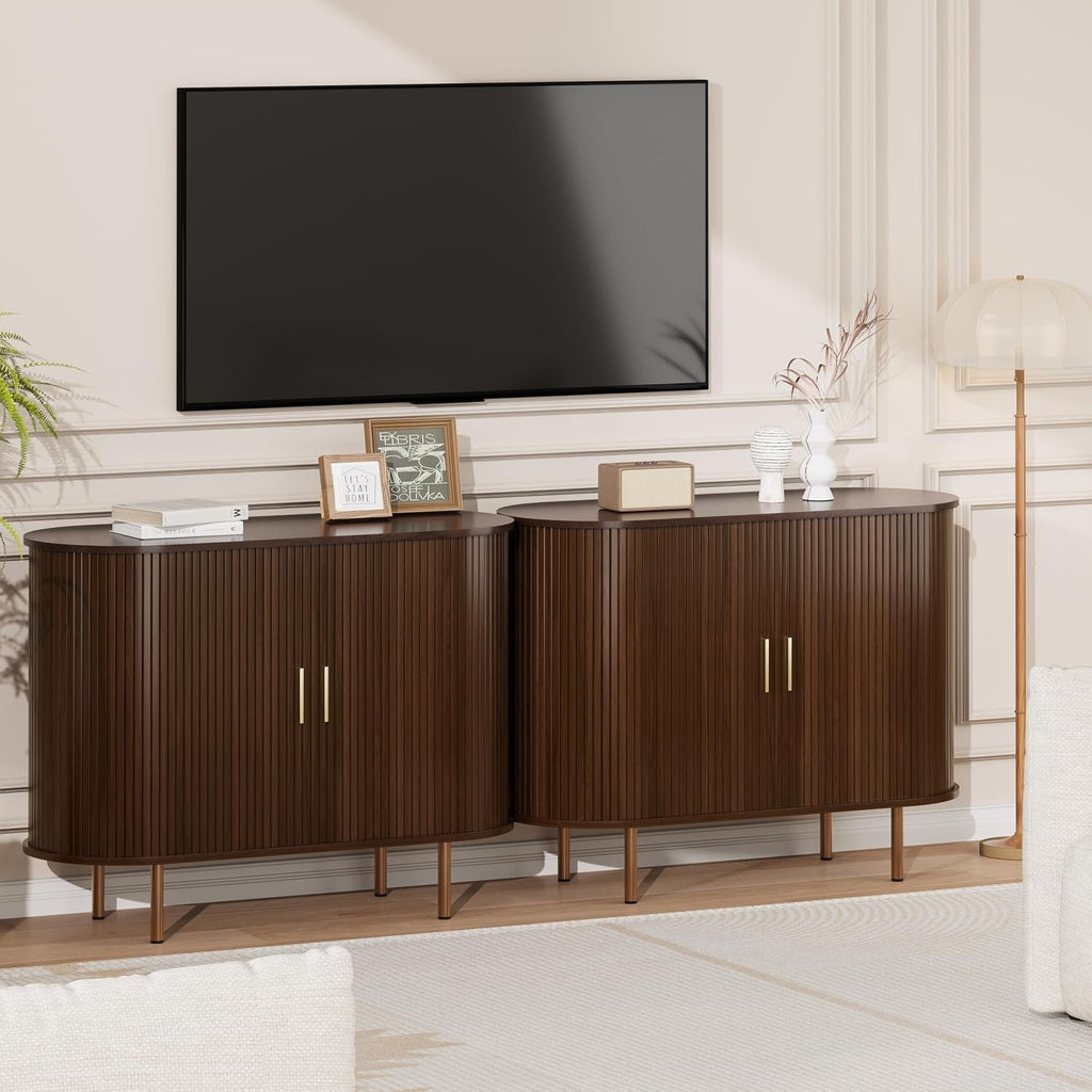 DHH Sideboard Buffet Cabinet with Storage,Mid Century Modern Fluted Accent Coffee Bar Console Table,Tambour Sliding Doors& Adjustable Shelf for Kitchen, Living Room, Entryway(Walnut, 40Inch)