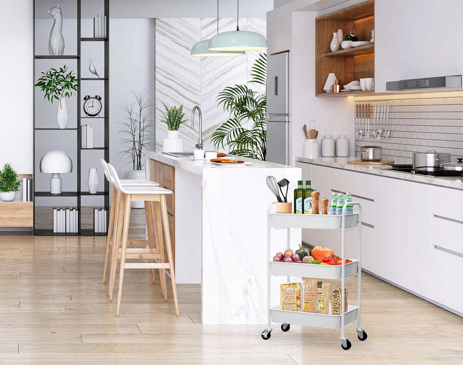 CAXXA 3-Tier Rolling Metal Storage Organizer - Mobile Utility Cart Kitchen Cart with Caster Wheels, White