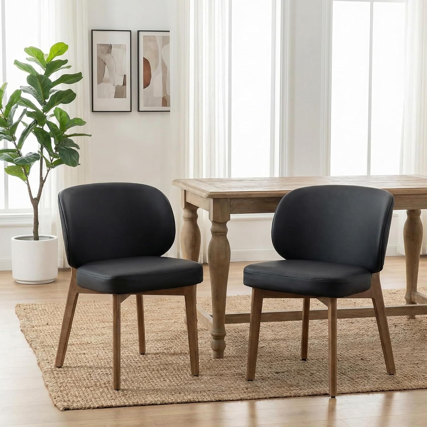 YOUNIKE Black Dining Chair with High Back Single Mid Century Modern Kitchen Chair Faux Leather Upholstered Armless Accent Chair 20" Wide Padded Seat with Soild Wooden Legs for Living Room Bedroom